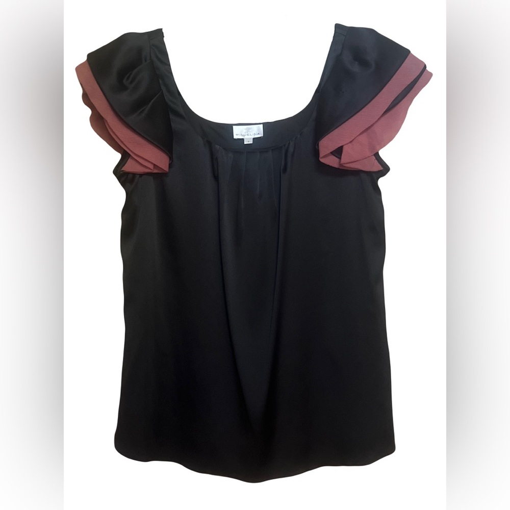 Miguelina Black Silk Blouse w Ruffled Sleeves